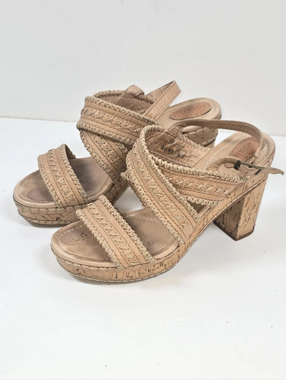 Fosil Cork Platform Sandals Tan Leather Cross-Stitch Block Heel Women’s Sz 6.5 - Picture 4 of 12